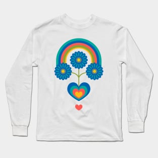 UNDER THE RAINBOW Folk Art Mid-Century Modern Scandi Floral With Flowers and Hearts on Cream - UnBlink Studio by Jackie Tahara Long Sleeve T-Shirt